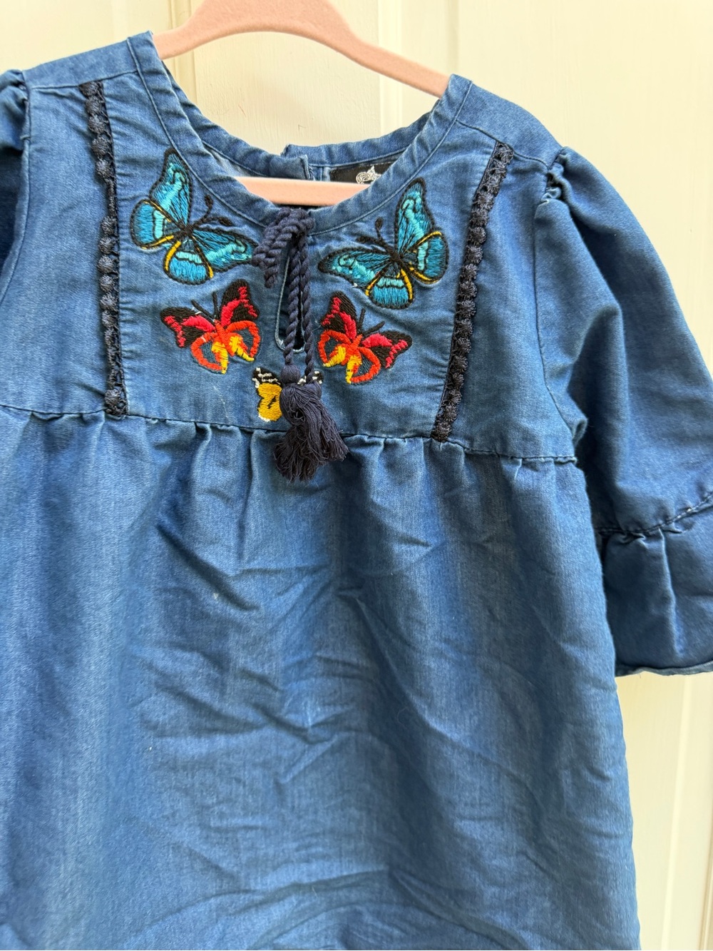 Dollhouse Girls 4 Denim-Blue Embroidered Butterfly Tunic Long Sleeve Blouse Top - Picture 3 of 7
